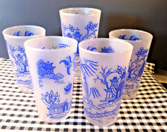 Vintage Frosted Blue Willow Tumblers Federal Glass Set of 5 Oriental pattern