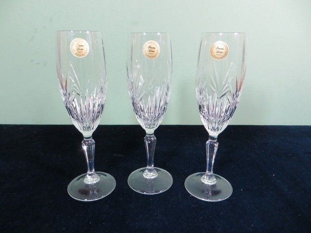 3 Princess House Royal Highlights 7 3/4″ Fluted Champagne Crystal Glasses w Tags