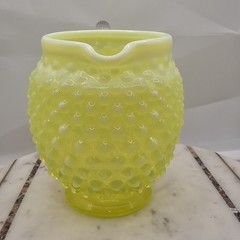 VTG Fenton Uranium Hobnail Opalescent Vaseline Glass Pitcher Yellow Clear Handle