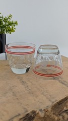 Pr. Vtg 1950’s Hazel Atlas Small Rocks Bar Glass w/ Red Stripes, Sports Themed