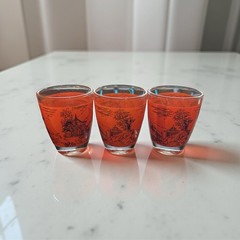 Vtg 3pc Set FRANCE Toile Red Black Asia Japanese Scene Shot Glasses Tumblers MCM