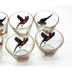 1950s HAZEL ATLAS 7 Pheasant Shot Glasses Bird Hunters Country Gentleman Barware