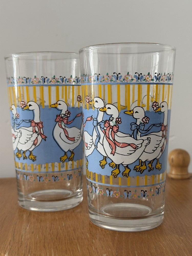 Rare Vintage Country Goose Glasses Set 2 Blue White Yellow Farmhouse Indonesia