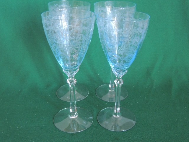 Set 4 Fostoria Water 8 1/4″ Stem Versailles Azure Blue Vintage Glass Art Deco