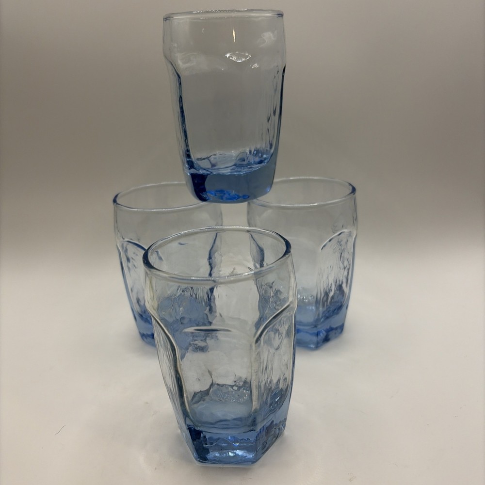 Libbey Chivalry Light Blue Juice Glasses Faceted 3.75″ Vintage Set of 4