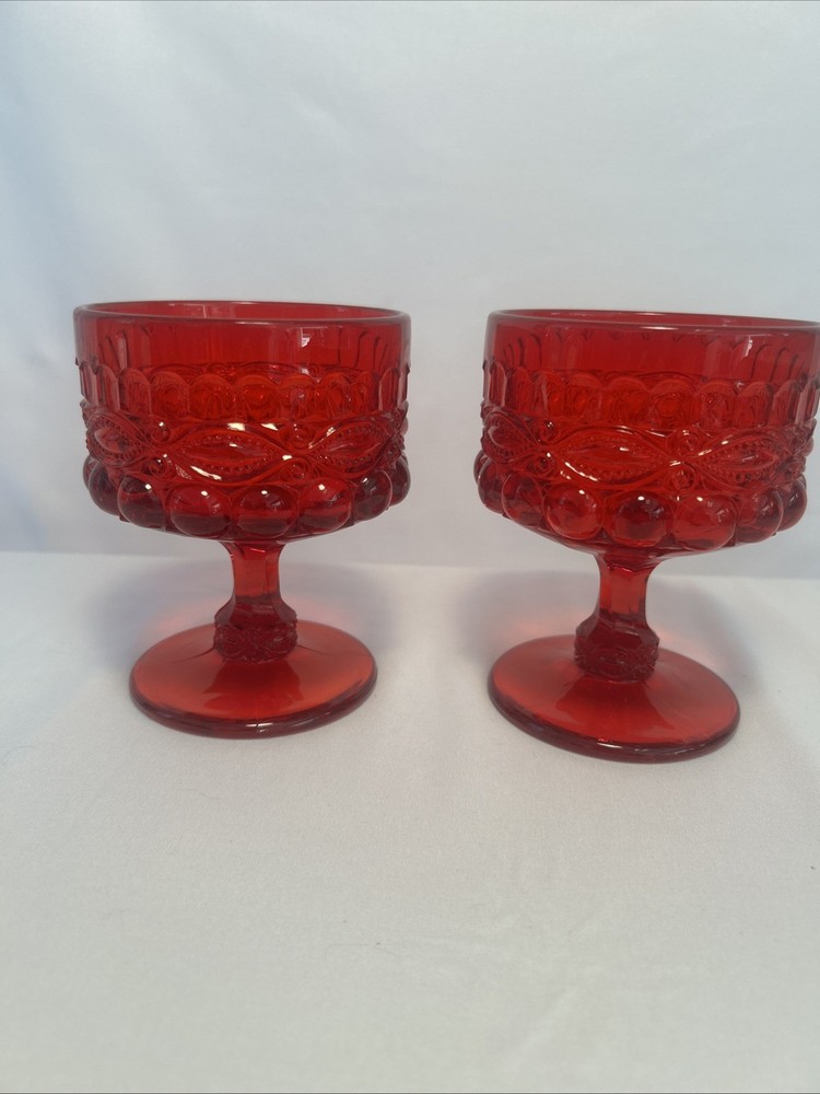 Ruby Red Glass Eye Winker Pattern Tall Sherbert EyeWinker Vintage Set Of 2