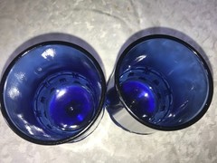 2 Rare L.E. SMITH Cobalt BLUE Wicker BASKETWEAVE 14oz Pedestal TUMBLER Goblet 6″
