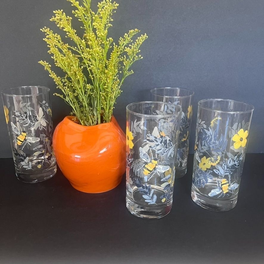 Vintage Libbey Bee & Flower Highball Glass Set Of 4 16 oz