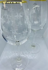 2 Vintage Etched Glass Atomic Star Burst Wine Glasses MCM Czech Gold Tone Trim