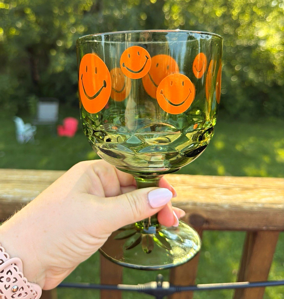 Vintage 1970s Bartlett-Collins orange smiley face green glass goblet