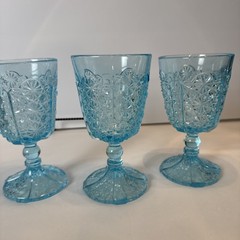 L G Wright DAISY & BUTTON BLUE 6 1/4” Tall Water Goblet EAPG Set of 3