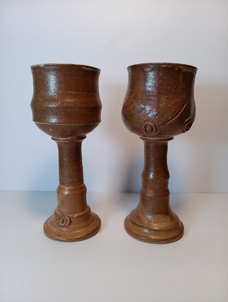 Stoneware Goblets Set of 2 Handmade Artisan Signed 8″ Tall Brown Unique Design