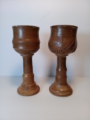 Stoneware Goblets Set of 2 Handmade Artisan Signed 8″ Tall Brown Unique Design