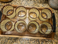 Vintage Mid Century Bohemian 8 Glasses Cane Cocktail Glassware Set Beige Brown