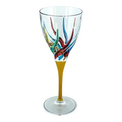 Pair of Murano Wine Glasses Hand Painted Multi Yellow Stem Venice Italy