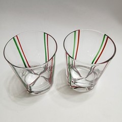 Block Yuletide Hand Blown Clear Red Green Striped Glass Dringking Cup Set Of 2