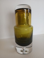 Krosno Poland Olive Amber Art Glass Decanter Tumbler Set Controlled Bubble