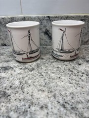 Paul Barclay England Mug Set x2 Sailboats Steamships Nautical Tea Coffee Retro