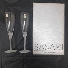 Vintage Sasaki Crystal Stemware Champagne Glasses Frosted Floral Roses New