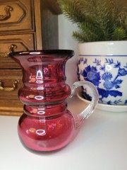 Set Of Two Red Small Vases /Pitcher Handles and Dimples Handblown Glass