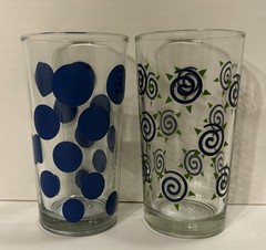 Highball Tumblers/Glasses, Cocktail Barware, MCM Blue Polka Dot Glasses Set of 2