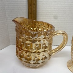 Jeanette Carnival Glass Holiday Buttons & Bows Pitcher & 5 Tumblers