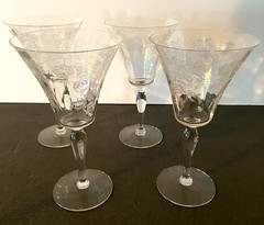 Vintage Etched Floral Flower Rose Wine Glasses Set of 4 Goblets 7″