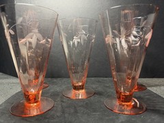 Rare 1930’s TIFFEN Pink Panel Optic Elegant Glass Footed Tumbler Etched GLOWS 6”
