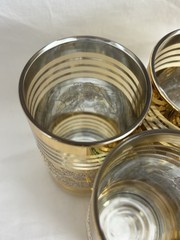 1960s Set Of 5 Gilt Gold Glass Cup Tumblers With Silver Roses, Clear Stripes MCM