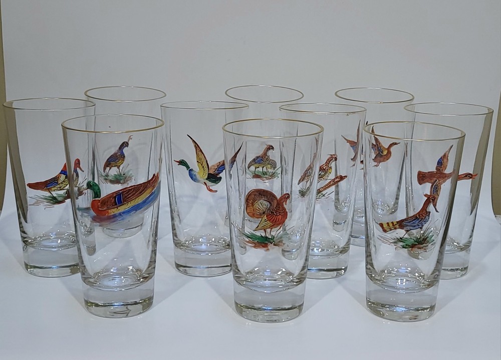 Vintage Game Bird 10 GameBird Highball Glasses 3D Gold Rims Hunting Lodge Decor