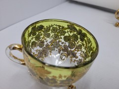 6 ANTIQUE MOSER GLASS 3 FOOTED HANDLED PUNCH CUPS WITH GILT FLORAL AND BERRIES