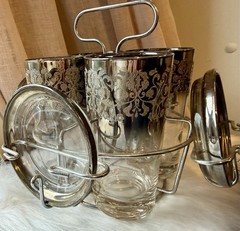 VTG Vitreon Queens Lusterware Silver Fade Highball Beverage Set W/Coasters Caddy