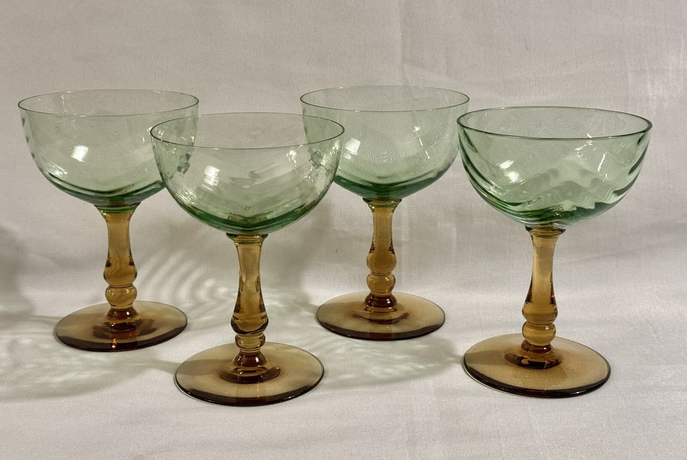 4 Amber & Green Uranium Herringbone Optic Cocktail Champagne Glasses UV Reactive