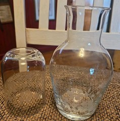 Vintage Bedside Water Carafe Glass Set Etched Floral Tumbler Lid Set