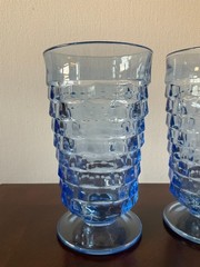 Vtg Ice Blue Cubist 6″ Footed Tumblers, Indiana Glass Whitehall Colony, Set of 3