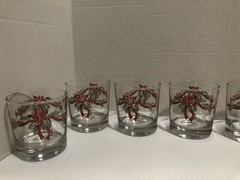 Vintage 7 Anchor Hocking Poinsettia and Ribbon Rocks Glasses Christmas Barware