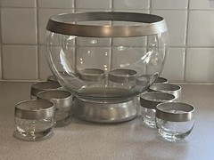 Rare MCM Dorothy Thorpe Silver Band Footed Punch Bowl With 10 Roly Poly Glasses