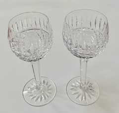 Pair of 2 Signed Waterford Crystal Wine Glasses Lismore Diamond Cut Stems