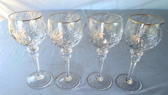 Set of 4 Vtg Rogaska Gallia Crystal Wine Glasses Gold Rim 8″ Etched Floral