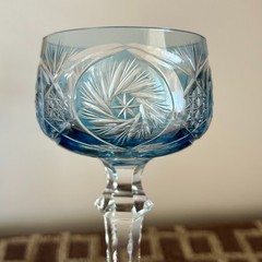Val Saint Lambert Blue Cut to Clear Crystal Hock Wine Glass Belgian Pinwheel