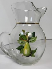 Vintage Fruit Glass Pitcher Set 4 Juice Glasses Lemon Cherry Grape Peach Gold