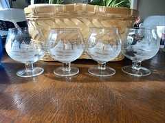 4 Toscany Clipper Brandy Glasses Set 4.25” Etched Frosted Nautical Sailing Ship
