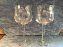 Set of 2 Vintage Romania Etched Glass Wine Goblets Flower Cordial Cocktail