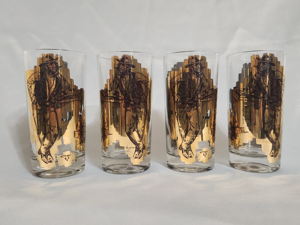 Rare MCM Charles Russell Cowboy Western 24K Gold Cocktail Highball Glass EUC