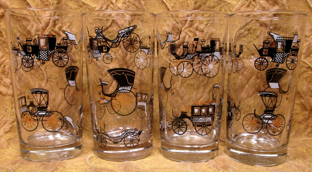 4 weighted base glass tumblers w/antique black automobiles -5.5″ high 12oz. cap.