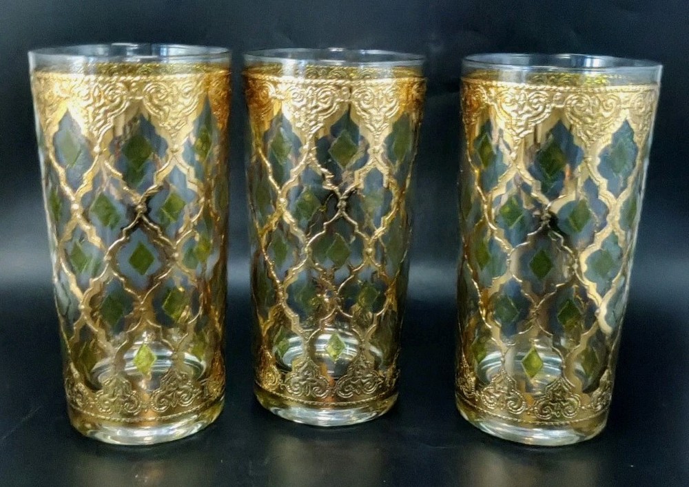 3 Vintage Culver Glass Valencia High Ball Glass 22k Gold Green MCM Barware EVC