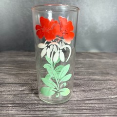 Vintage Hazel Atlas Red & White Floral Glass Tumbler Double Flower Red Green