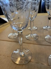 Set of 10 unbranded vintage cordial glasses with deep etched floral pattern