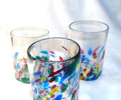 3 pcs Multi-Color Confetti Hand Blown Glass Set Pontil SIGNED Art