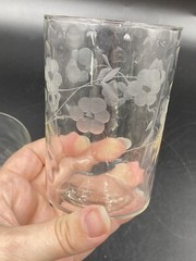 Vintage thin blown orange juice wine Glasses with Etched flowers and Leaves